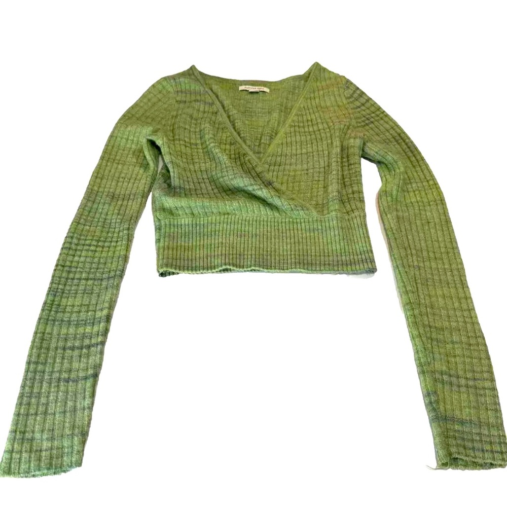 American Eagle Green Striped Cropped Long Sleeve Deep V-Neck Sweater Sz S